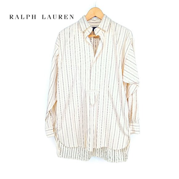 RALPH LAUREN Blue Label Vintage Peasant Poet Bib Blouse Cream Purple Stripe 10 - Picture 9 of 13